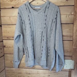 London Fog Mens XL V-Neck Sweater Tan Textured Cable Knit Geometric Vintage Coog